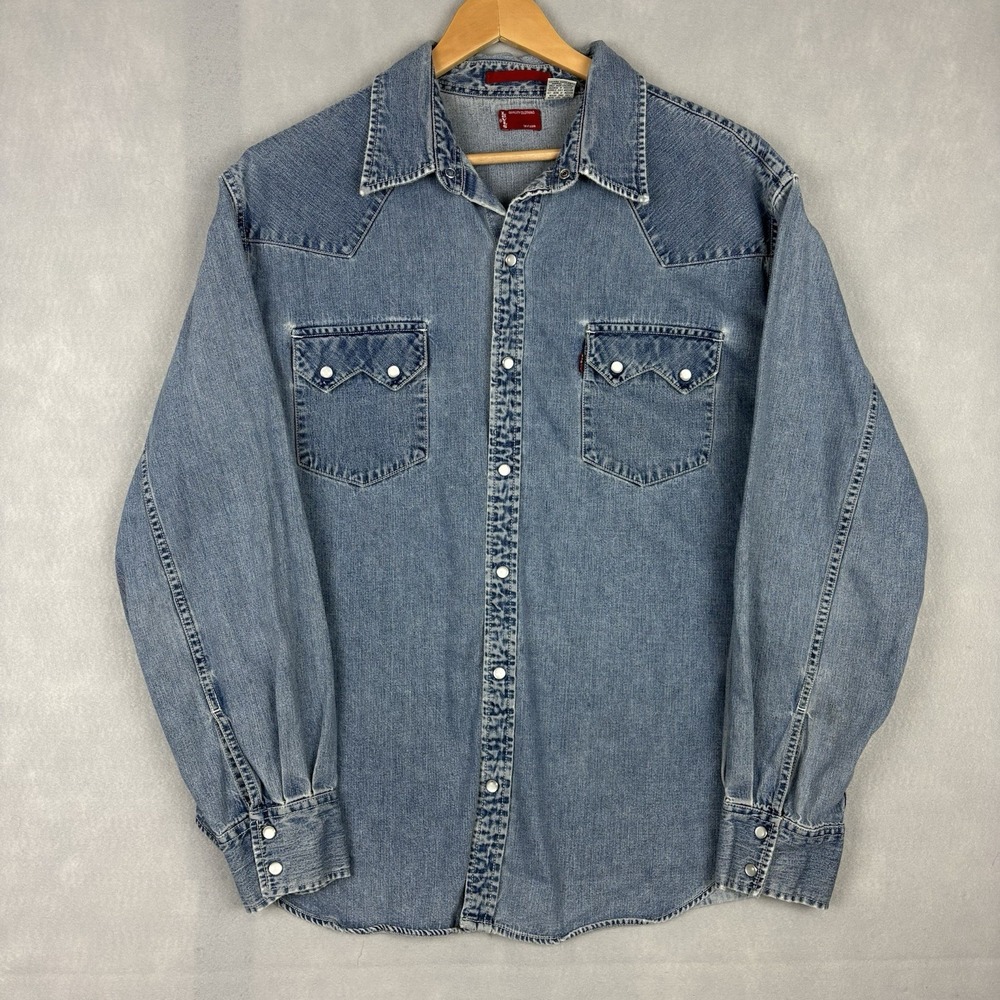Levi's Denim Pearl Snap Shirt Mens XL Blue Sawtooth Western Yoke Cowboy Rodeo